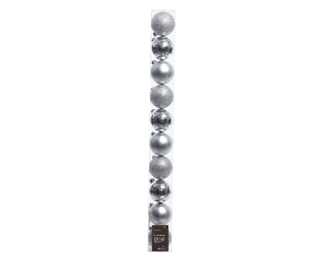 6cm Mixed Shatterproof Baubles - Tube of 10 Silver
