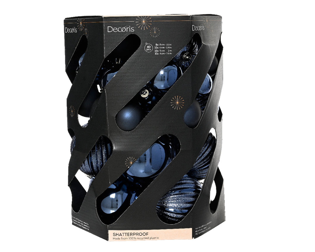 Box Of 40 Mixed Baubles Polystyrene Shiny & Matt Night Blue