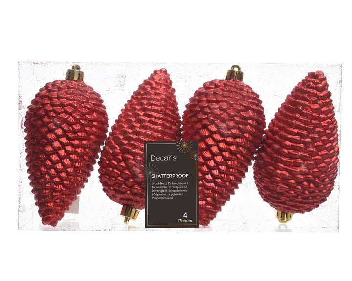 12cm Shatterproof Pinecone Christmas Red- Set of 4