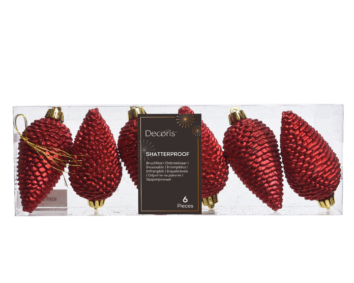 8cm Shatterproof Pinecone Christmas Red - Set of 6