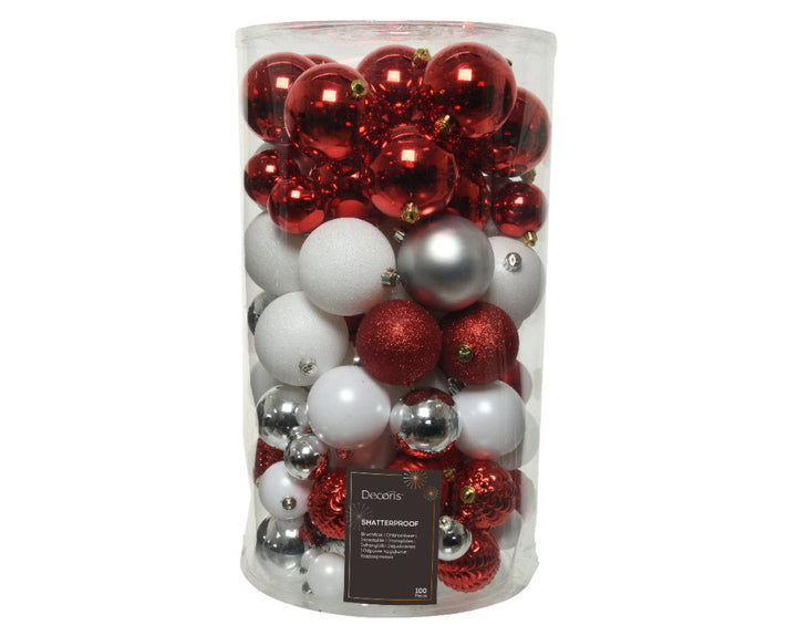 8cm Shatterproof Bauble - Red, Silver & White (Box of 100)