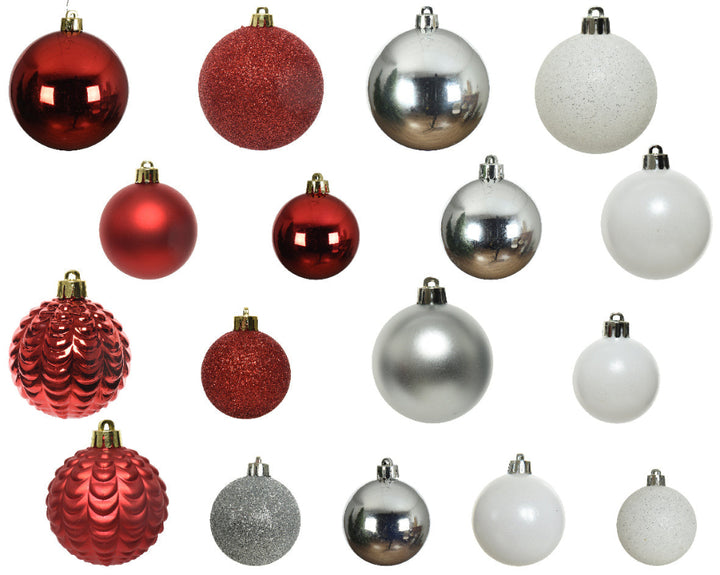 8cm Shatterproof Bauble - Red, Silver & White (Box of 100)