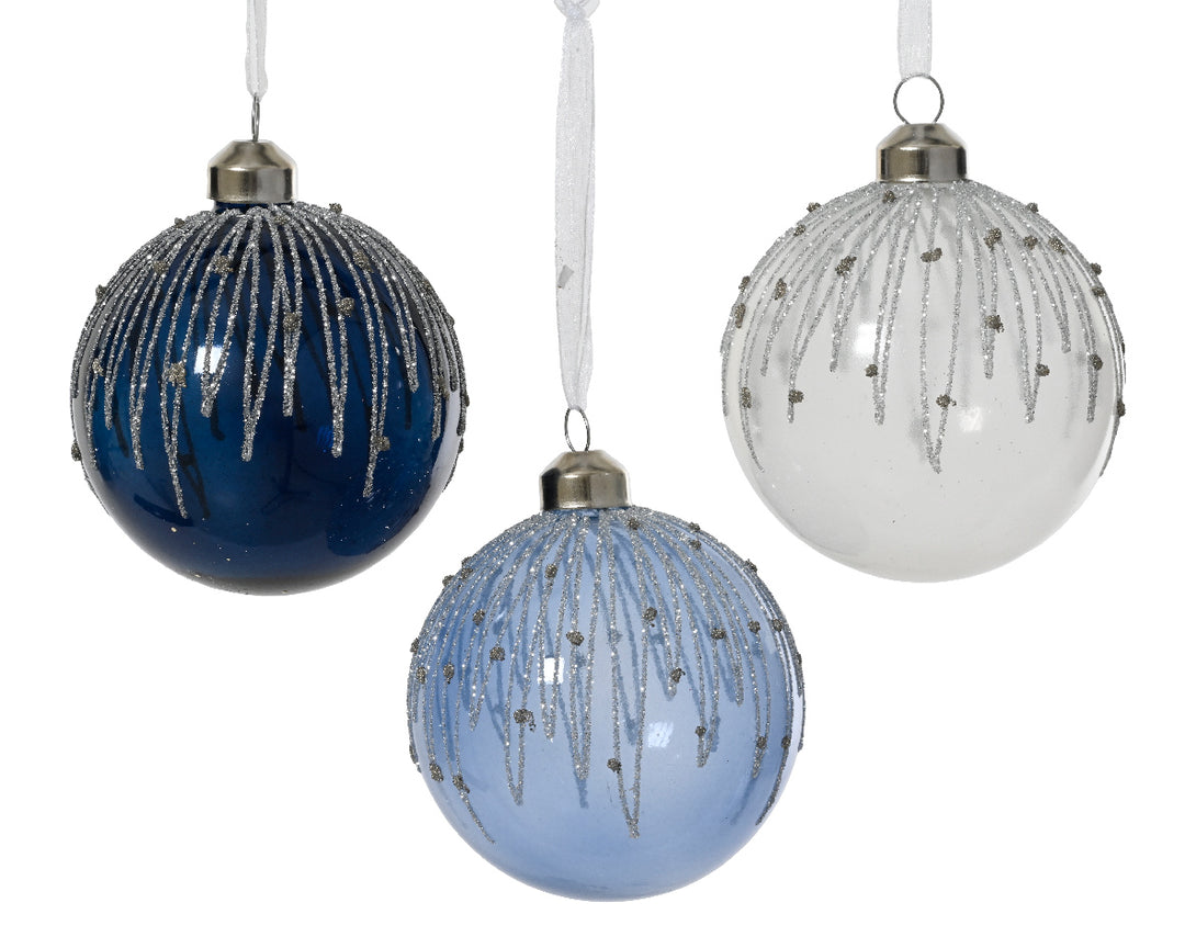 8cm Glass Bauble Transparent With Glitter & Beads