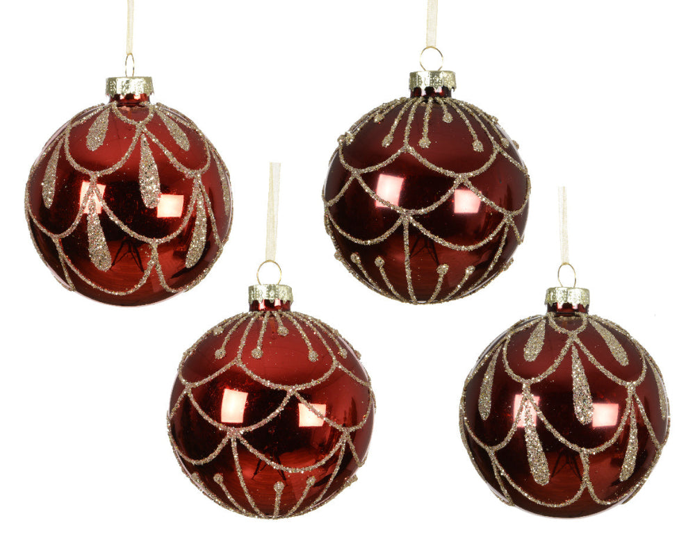 8cm Glass Bauble Shiny With Gold Glitter Chain
