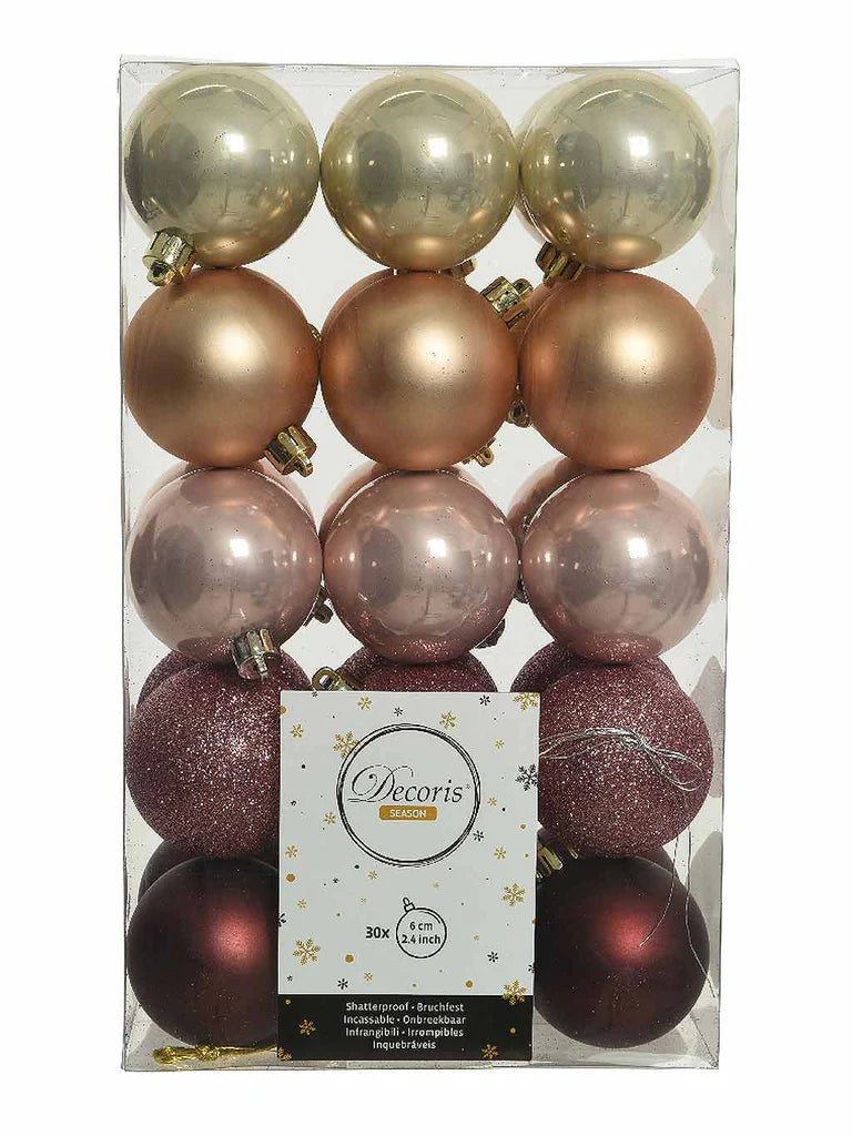6cm Shatterproof Bauble 30pk Pearl Pink & Redwood