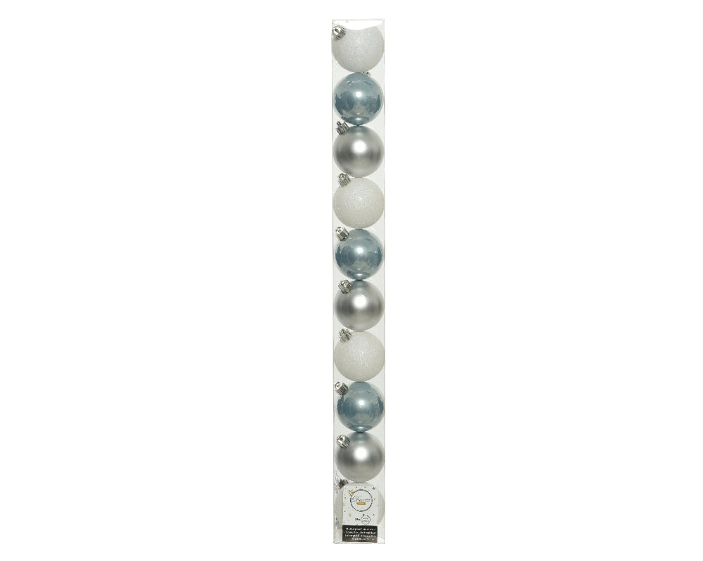 6cm Mixed Shatterproof Baubles - Tube of 10 Silver/Blue/White Mix