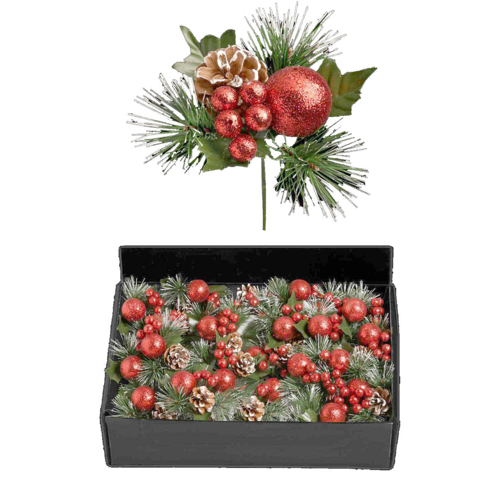 Glitter Ball & Pine-Cone Floristry Pick Red