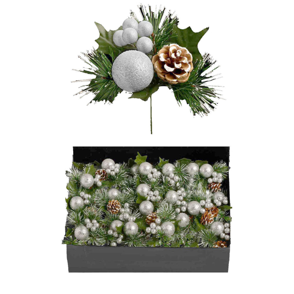 Glitter Ball & Pine-Cone Floristry Pick Silver