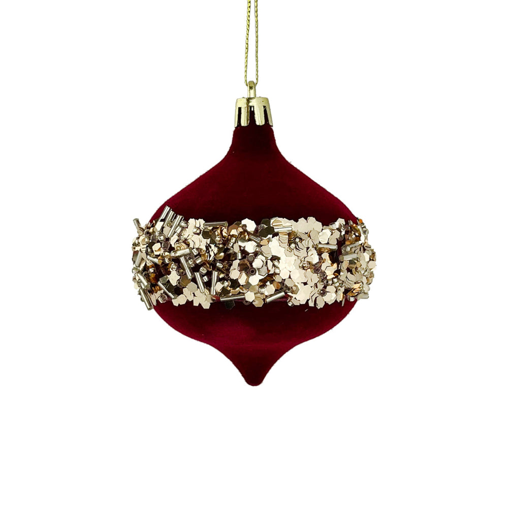 Flock Sequin Onion Bauble - Dark Red