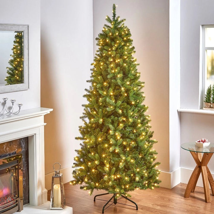 7.5ft Newberry Spruce Slim Pre-Lit Christmas Tree with 450 Warm White LEDs