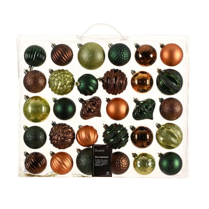 7cm Bauble Mix Shatterproof Woodland Mix 30pk