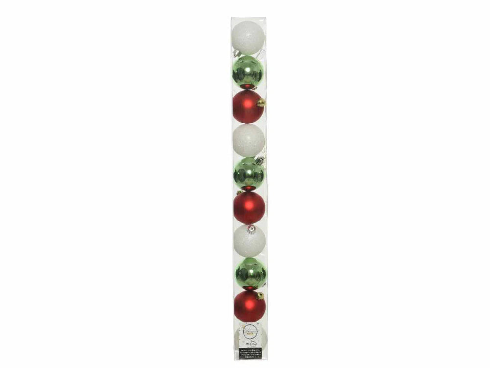 6cm Mixed Shatterproof Baubles - Tube of 10 Green/Red/White Mix