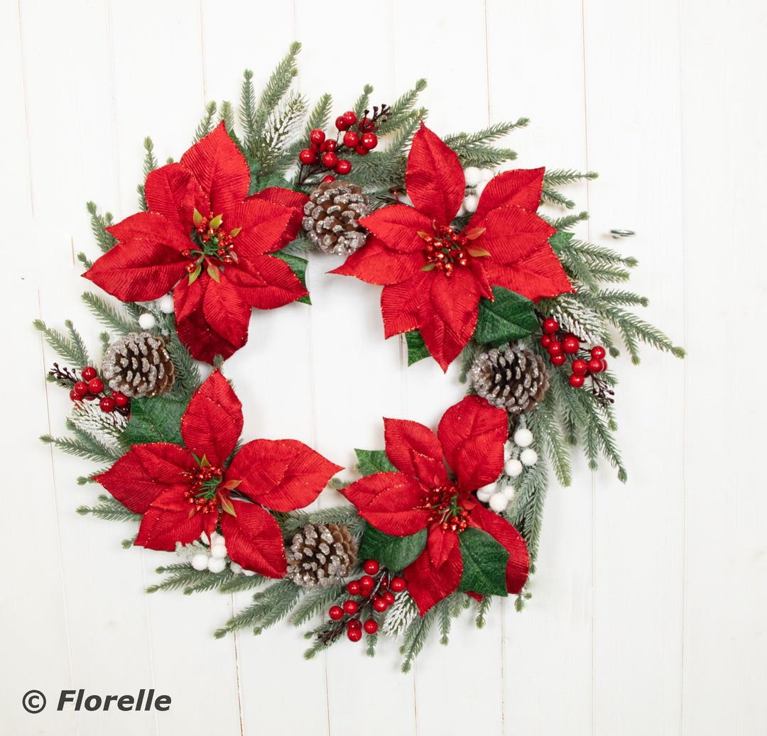 22'' Red Poinsettia & Pine Cone Wreath