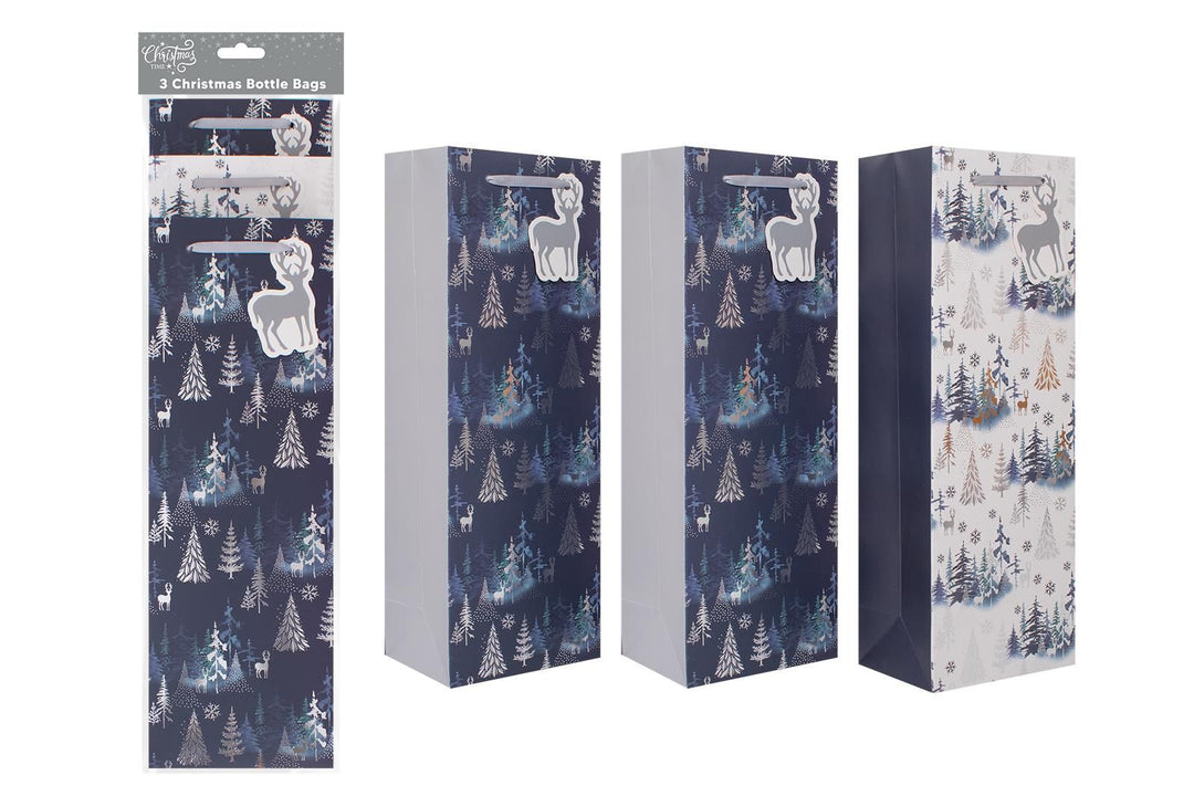 Christmas Blue Woodland Bottle Bags (Pack of 3)