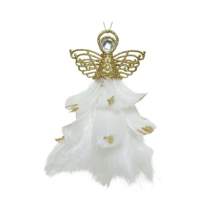 Hanger plastic with white feather light gold H21cm