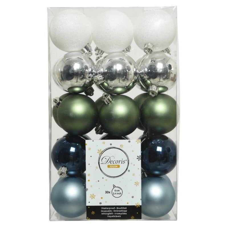 6cm Shatterproof Bauble 30pk White Blue Silver Green
