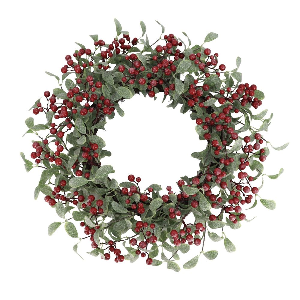 24" Frosted Leaves & Red Berry Wreath
