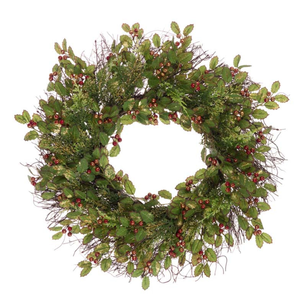 22" Glitter Holly Wreath