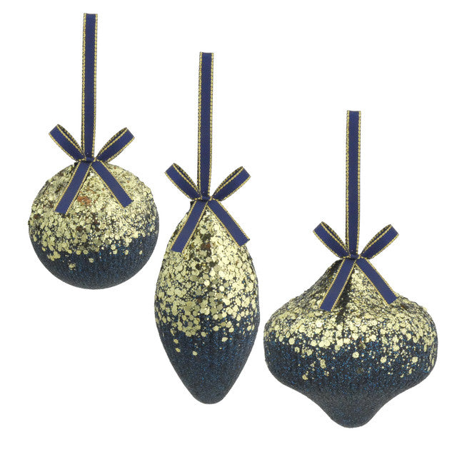 navy and gold Christmas tree baubles