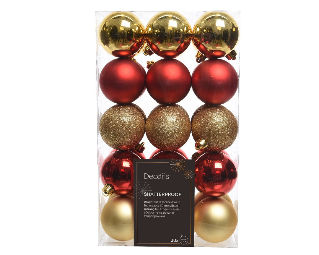 Kaemingk Mixed Red & Gold Shatterproof Baubles - Box of 30