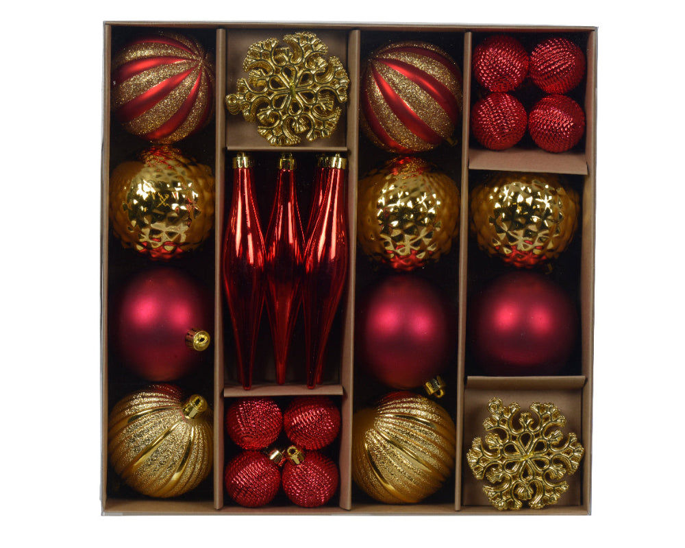 Box Of 46 Mixed Baubles Red & Gold