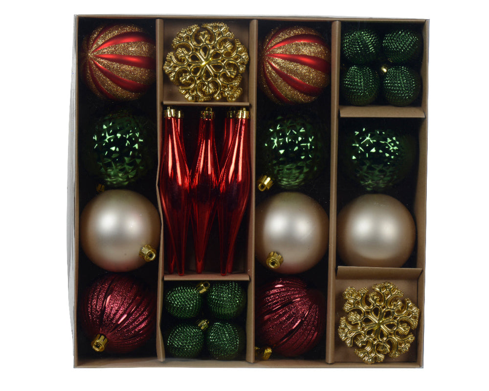 Box Of 46 Mixed Baubles Red Green & Gold