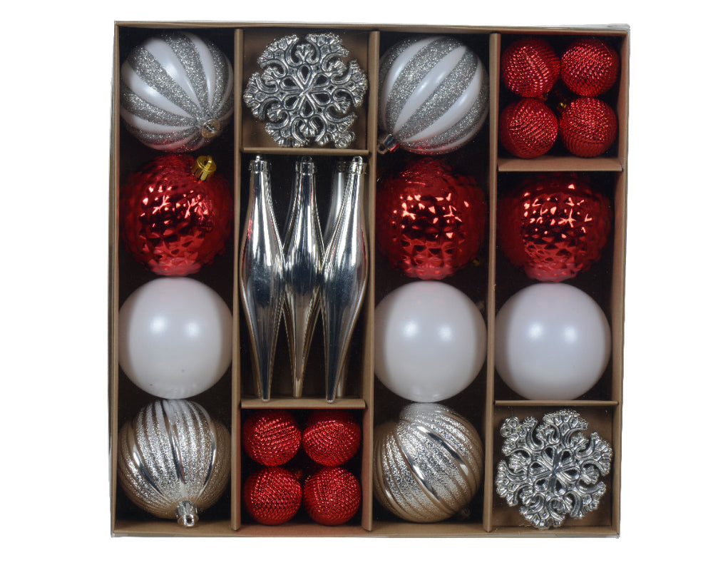 Box Of 46 Mixed Baubles Red Silver & White