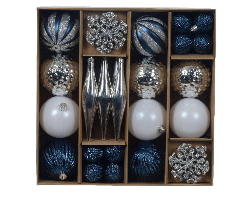 Box Of 46 Mixed Baubles Blue Silver & White