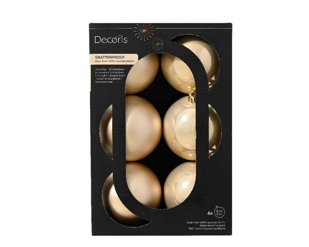 Box Of 6 8cm Baubles Polystyrene Shiny & Matt Pearl