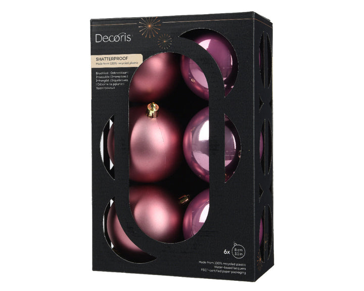 Box Of 6 8cm Baubles Polystyrene Shiny & Matt Vintage Pink