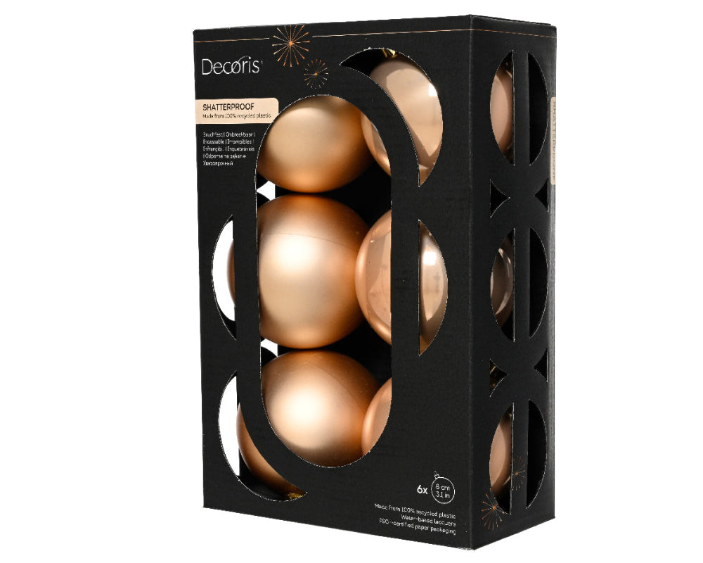Box Of 6 8cm Baubles Polystyrene Shiny & Matt Peach Pearl