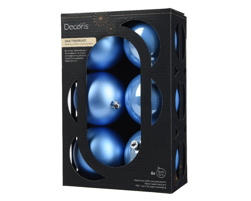 Box Of 6 8cm Baubles Polystyrene Shiny & Matt Sky Blue