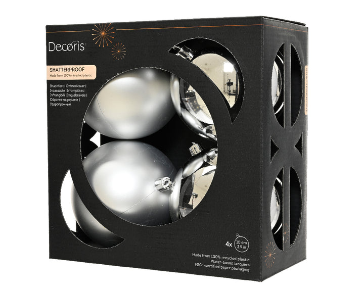 Box Of 4 10cm Baubles Polystyrene Shiny & Matt Silver