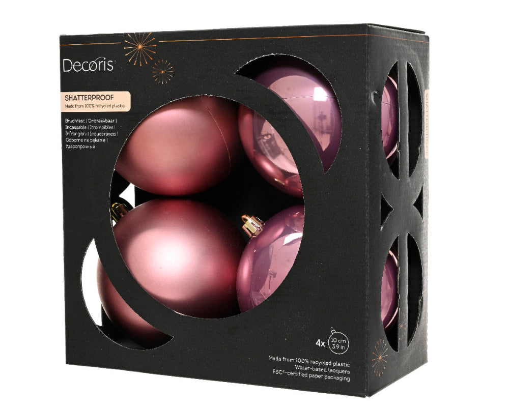 Box Of 4 10cm Baubles Polystyrene Shiny & Matt Vintage Pink