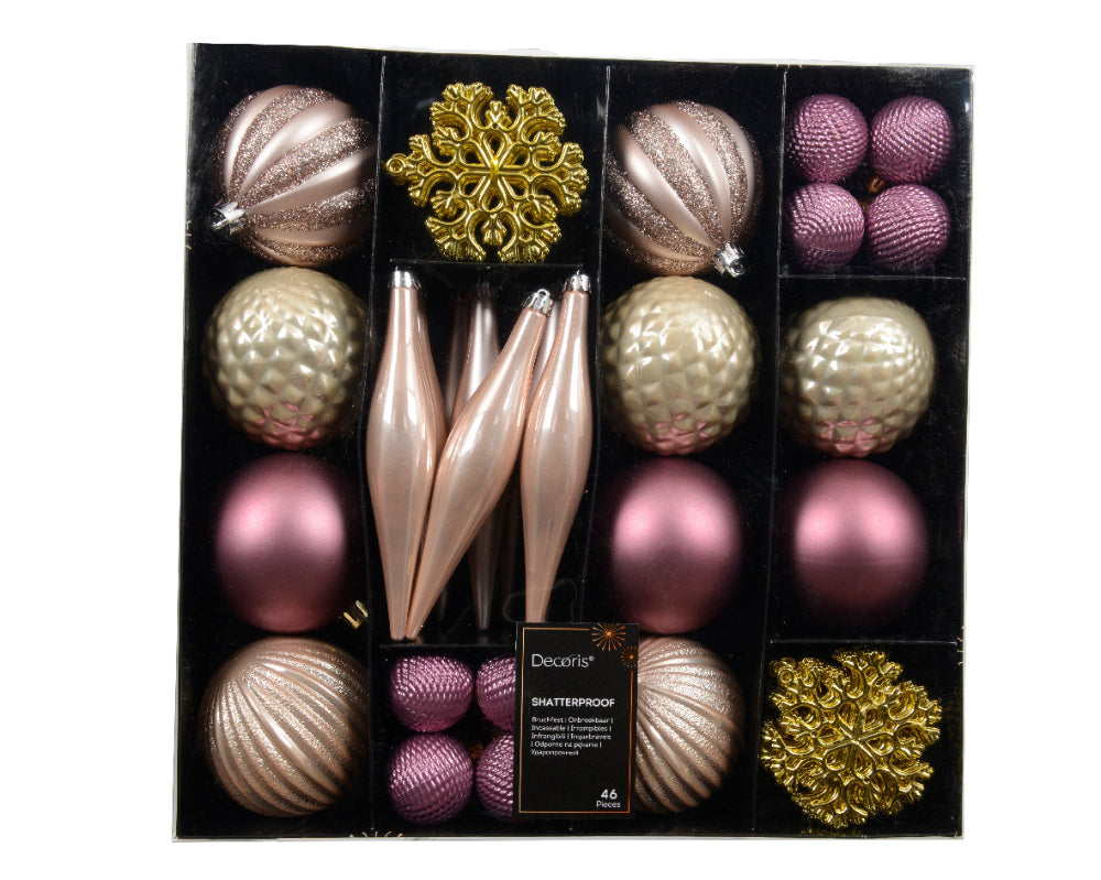 Box Of 46 Mixed Baubles Pink Gold & Pearl