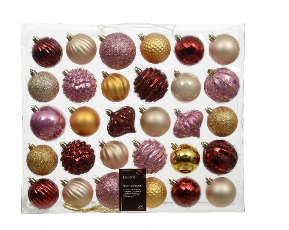 Box of 30 7cm Mixed Shatterproof Baubles Pink Gold & Red