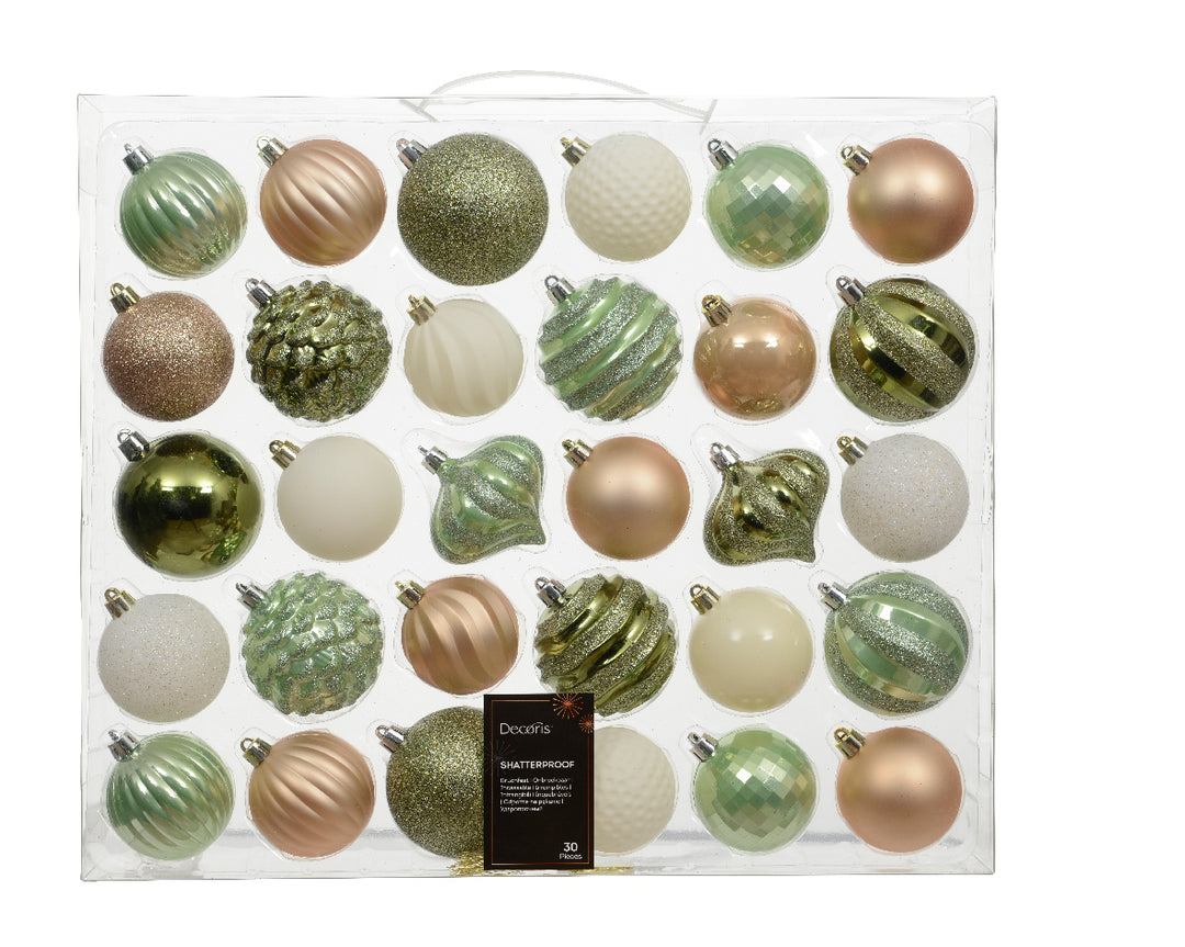 Box of 30 7cm Mixed Shatterproof Baubles Green Gold & White
