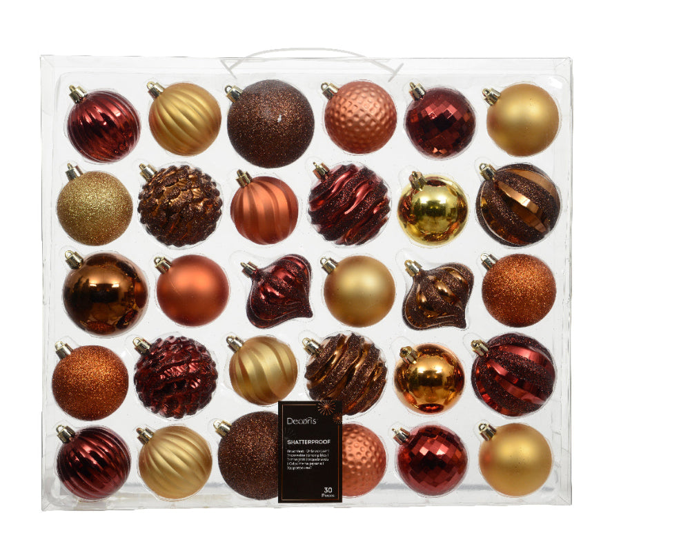 Box of 30 7cm Mixed Shatterproof Baubles Orange & Espresso