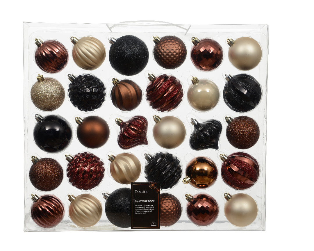 Box of 30 7cm Mixed Shatterproof Baubles Black Espresso