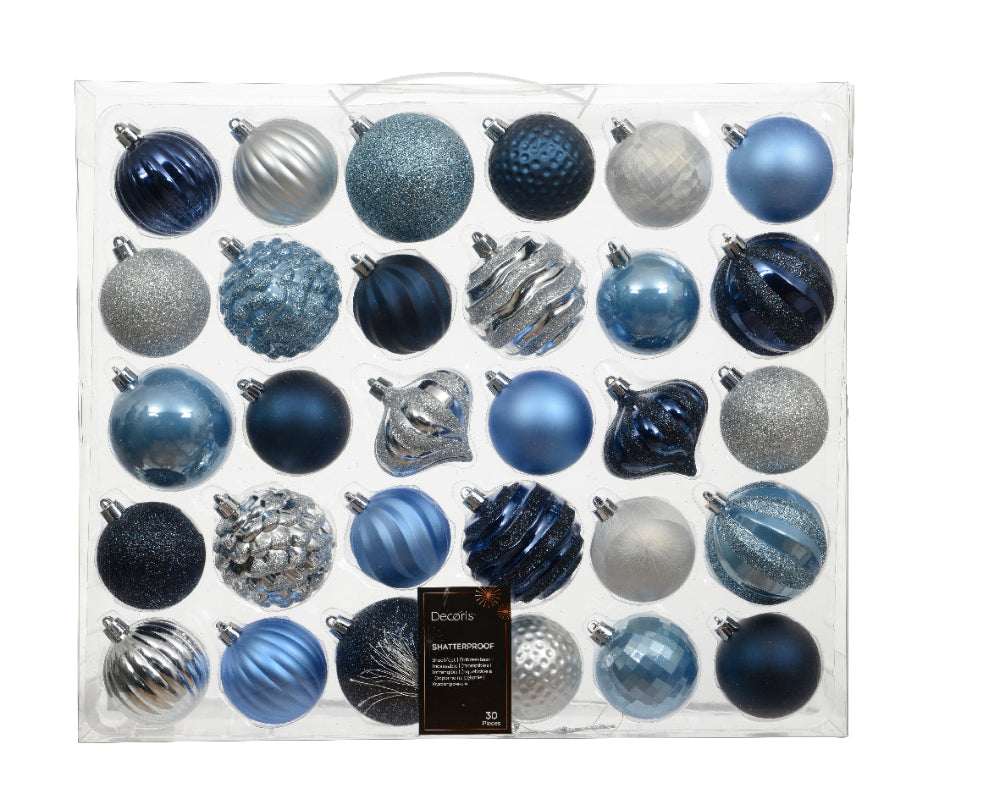 Box of 30 7cm Mixed Shatterproof Baubles Blue & Navy