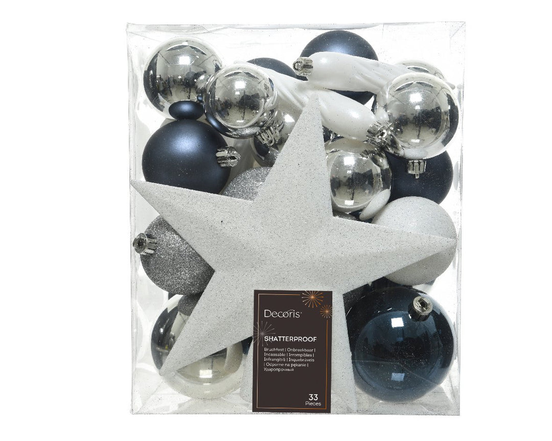 Kaemingk Mixed Shatterproof Baubles W/ Tree Topper- Box of 33