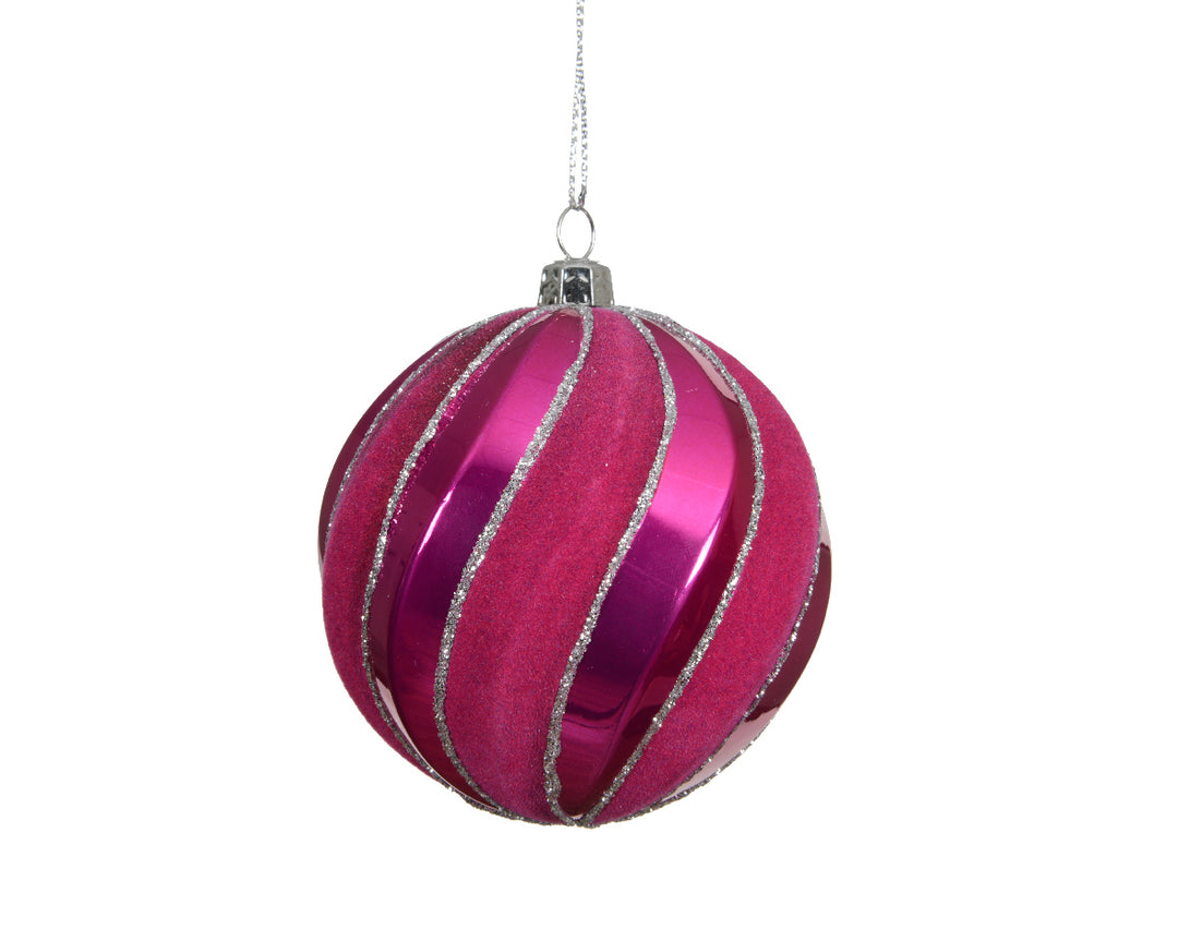 8cm Bauble Plastic Shiny Velvet Festive Pink