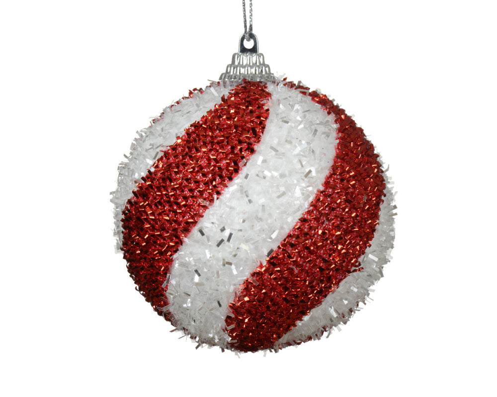 8cm Bauble Foam With Tinsel Red & White