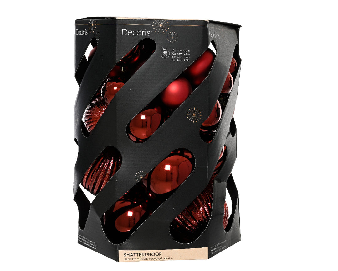 Box Of 40 Mixed Baubles Polystyrene Shiny & Matt Oxblood