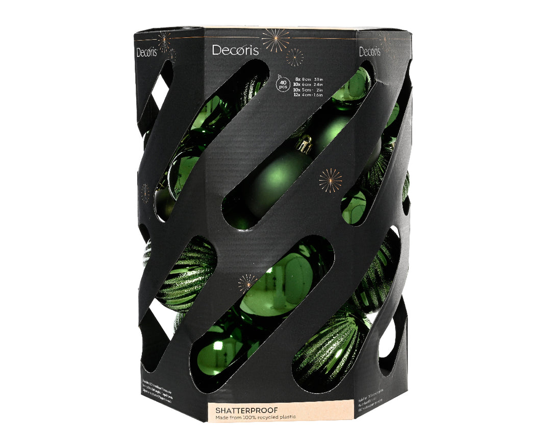 Box Of 40 Mixed Baubles Polystyrene Shiny & Matt Pine Green