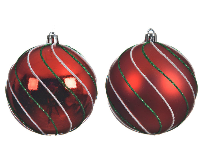 8cm Bauble Shatterproof Red With Glitter Lines