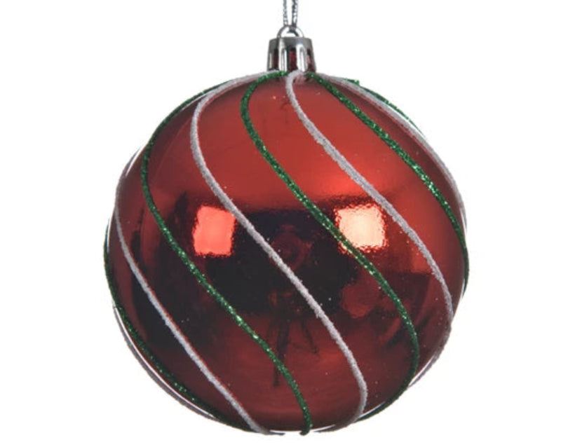 8cm Shatterproof Bauble - Red With Glitter Lines