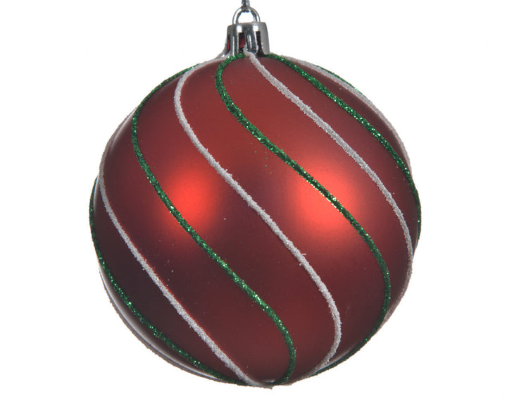 8cm Shatterproof Bauble - Red With Glitter Lines