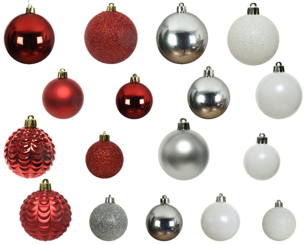 8cm Shatterproof Bauble - Red, Silver & White (Box of 100)