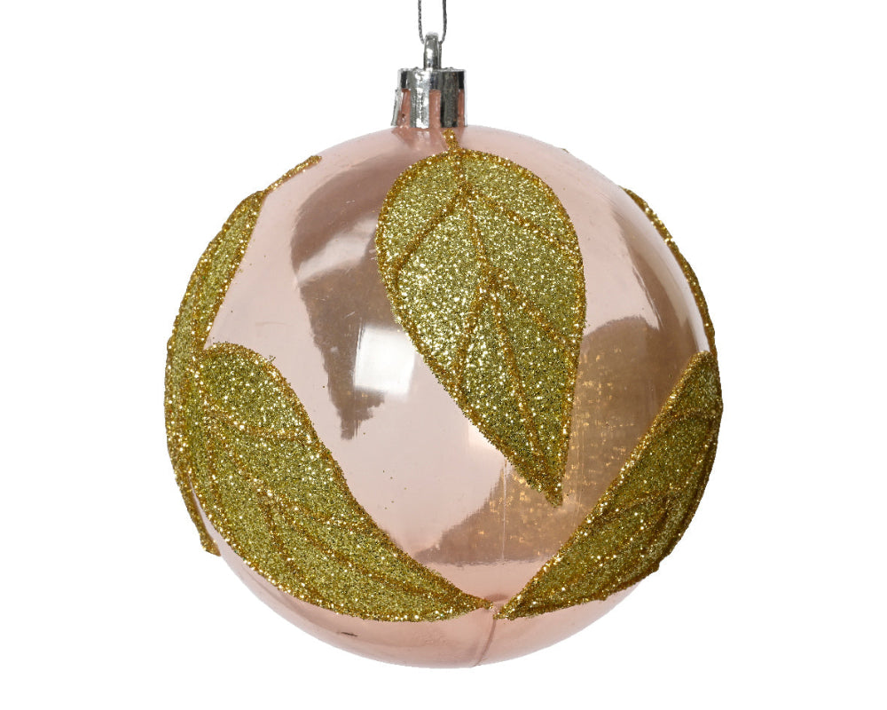 8cm Shatterproof Bauble With Leaf - Blush Pink